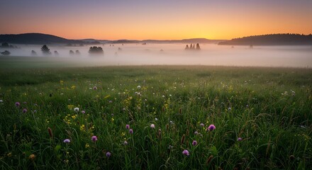 Obraz premium Serene sunrise paints misty meadow gold vibrant wildflowers bloom softly. AI Generated