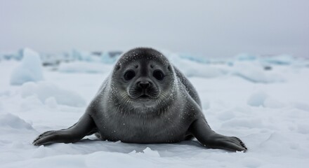 Naklejka premium Cute Seal Pup Rests on Icy Terrain Soft Light. AI Generated