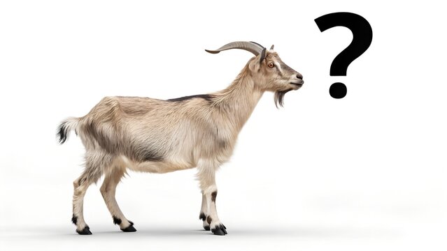 Realistic goat with question mark above its head &ndash; white background, symbol of doubt or reflection