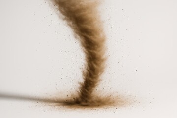 Isolated dust devil vortex spiraling sand and debris on a pristine white studio backdrop freeze frame clarity dynamic natural phenomenon