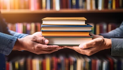close up of hands passing a stack of books against a blurred bookshelf background symbolizing knowledge sharing and book exchange