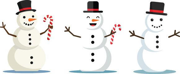 Festive Snowman Trio: Three cheerful snowmen stand joyfully against a stark background, each donned with a top hat and holding a festive candy cane.