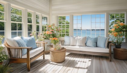 coastal and relaxing hamptons sunroom featuring whitewashed shiplap walls and french doors interior design and decor
