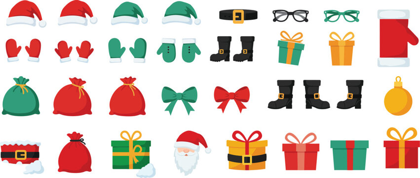 Festive Collection: Array of colorful Christmas icons, from festive Santa Claus hats and gift bags to stylish glasses, mittens, boots, gift boxes and holiday ornament.