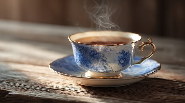A steaming cup of tea in an ornate china teacup on a rustic wooden table with warm lighting