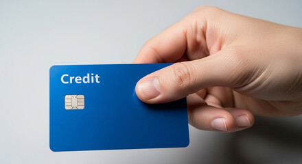 Hand holding blue credit card with chip on white background