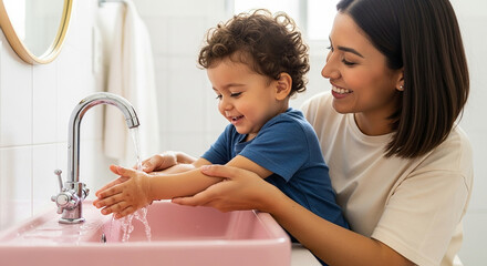 Mother helping her happy toddler son washing hands in bathroom sink
