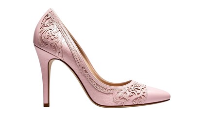 Fototapeta premium Pink High Heel Shoe with Embroidered Detail, Isolated on White Background