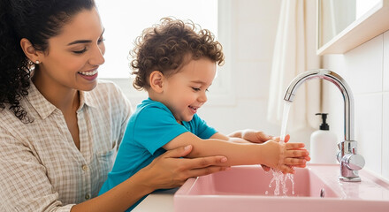 Mother helping smiling toddler washing hands in bathroom sink