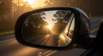 Golden hour sunset reflected in car side mirror showing scenic road journey ahead