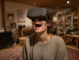 An excited young woman with open mouth experiences virtual reality with a headset in cozy living room.