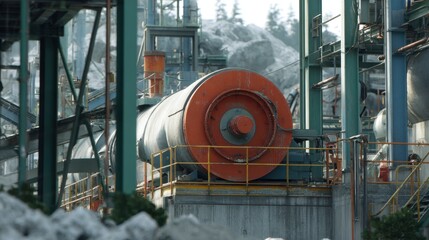 Medium shot of densitybased ore separator emphasizing main machine drum with softfocused surrounding infrastructure