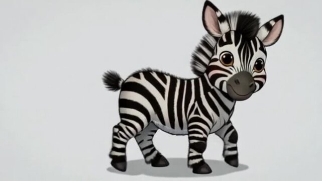 Kleines Zebra mit schwarz-wei&szlig;en Streifen, gro&szlig;en Kulleraugen, fr&ouml;hlich lachend.