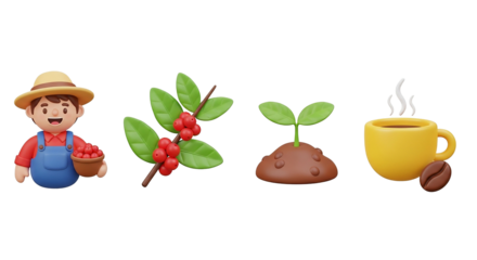 3d render illustration of coffee production process, from bean to cup, on transparent background