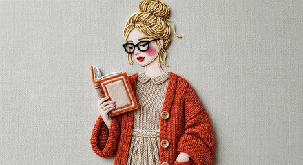 Young woman reading a book: embroidery art