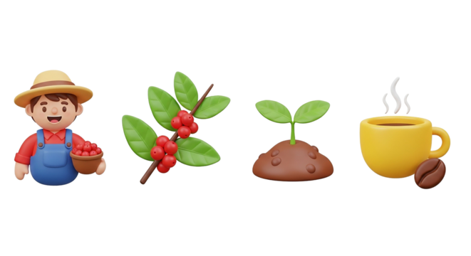 3d render illustration of coffee production process, from bean to cup, on transparent background