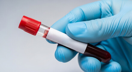 Doctor wearing blue gloves holding blood test tube with empty label