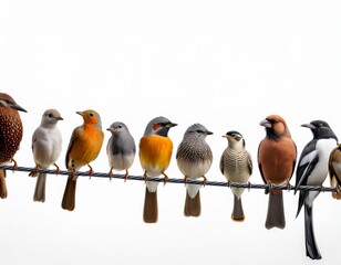 Fototapeta premium diverse birds on a wire a full body display of various bird species perching together against a clean white background highlighting their unique colors and features