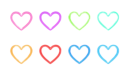A vibrant collection of eight colorful glowing neon heart outlines isolated on a clean white background. Luminous set of love symbols for design