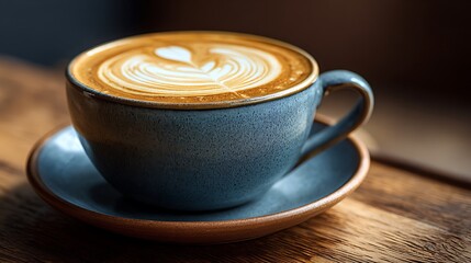 A beautifully crafted latte art coffee in a blue cup on a wooden table, with soft lighting