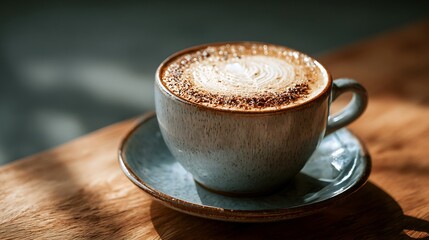 A cozy coffee cup with intricate latte art on a wooden table, sunlight streaming in softly