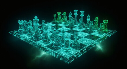 A holographic chess set with glowing cyan and green pieces arranged on a digital chessboard, set against a dark, abstract background with ethereal light effects.