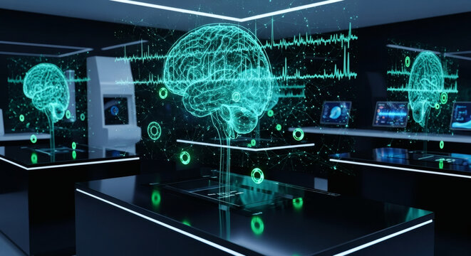 Futuristic laboratory showcasing glowing holographic human brains with neural activity visualizations and data displays.