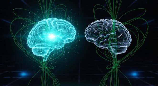 Two glowing brains, one active and one dormant, connected by green energy lines against a dark, futuristic background.
