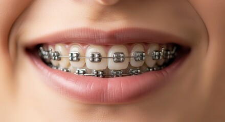 Obraz premium Close up of teeth with metal braces for dental care and orthodontic treatment for a perfect smile