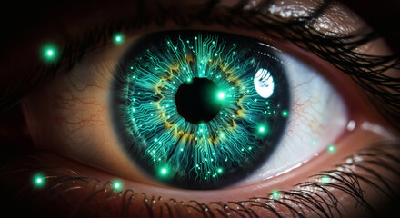 A close-up macro photograph of a human eye with a futuristic digital circuit pattern overlayed on the iris.
