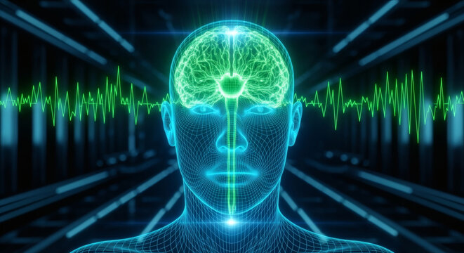 A futuristic digital representation of a human brain with glowing green activity waves, set within a wireframe head and a technological background.