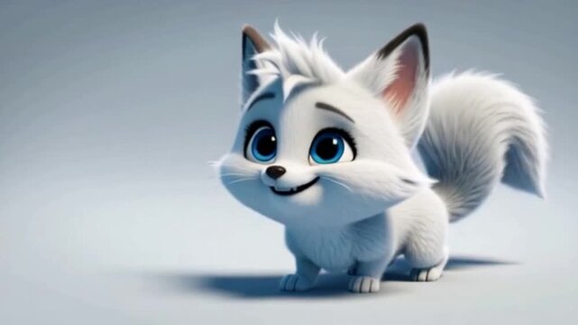 Wei&szlig;es Fuchsbaby mit flauschigem Fell, gro&szlig;en blauen Augen, freundlich lachend.