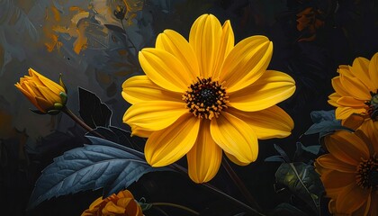 Vibrant yellow flower, dark backdrop
