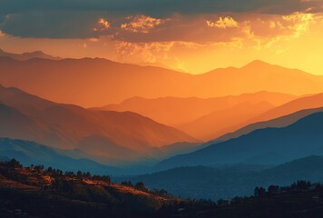 Obraz premium Layered Mountains Landscape Under Golden Sunset