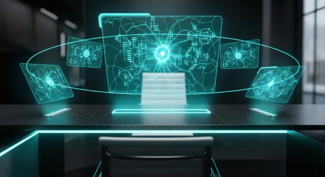 Futuristic holographic display showing interconnected global networks and data streams on a sleek desk with a modern chair in a dimly lit room.