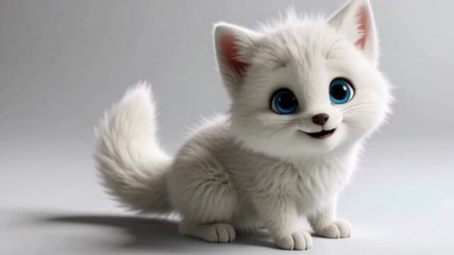 Wei&szlig;es Fuchsbaby mit flauschigem Fell, gro&szlig;en blauen Augen, freundlich lachend.