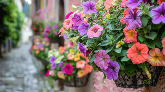 Pet&uacute;nias coloridas em cestos pendurados