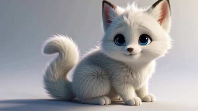 Wei&szlig;es Fuchsbaby mit flauschigem Fell, gro&szlig;en blauen Augen, freundlich lachend.