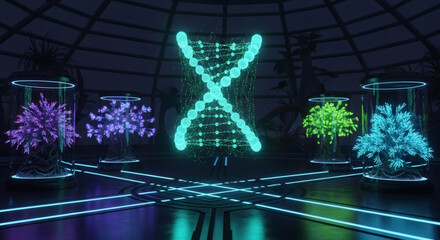 Futuristic laboratory showcasing glowing DNA helix above potted plants in illuminated containment units, symbolizing genetic research and innovation.