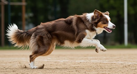 Brown and white border collie dog joyfully runs across sandy field under soft natural light. AI Generated
