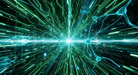 Abstract visualization of glowing green digital pathways and neural network connections, suggesting artificial intelligence and data flow.