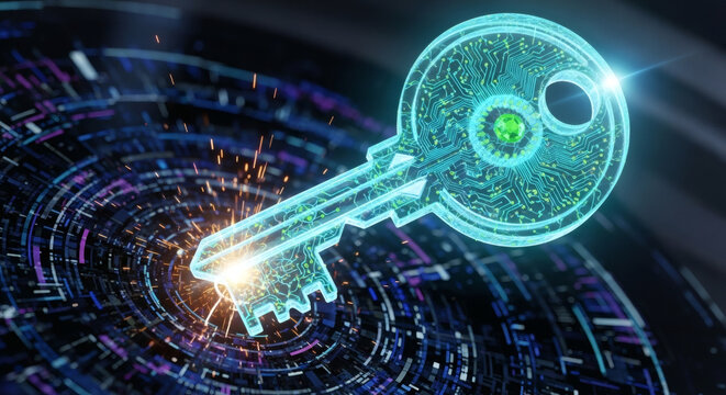 A glowing digital key emerges from a swirling vortex of abstract technological patterns, symbolizing access and security in a digital realm.