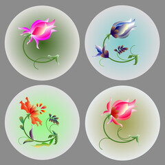 Fototapeta premium Set of abstract flowers for background, beautiful picture with green ornament, suitable for book design, greeting cards, textile printing, clothing design, positive illustration
