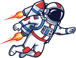 Dynamic cartoon astronaut in a spacesuit flying with a rocket jetpack. Vector graphic for space exploration and adventure concepts