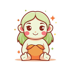 Fototapeta premium Sweet cartoon girl with green hair happily sitting and smiling with magical sparkles