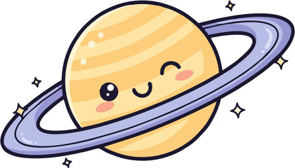 Cute kawaii winking Saturn planet with rings, a cheerful cartoon character from outer space. Adorable celestial body vector illustration for kids
