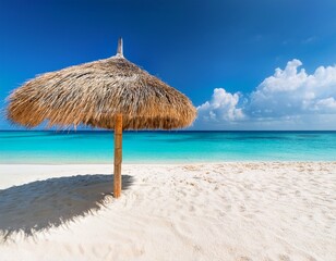 single thatched beach umbrella on white sand with turquoise sea horizon caribbean tropical vacation banner or header wallpaper