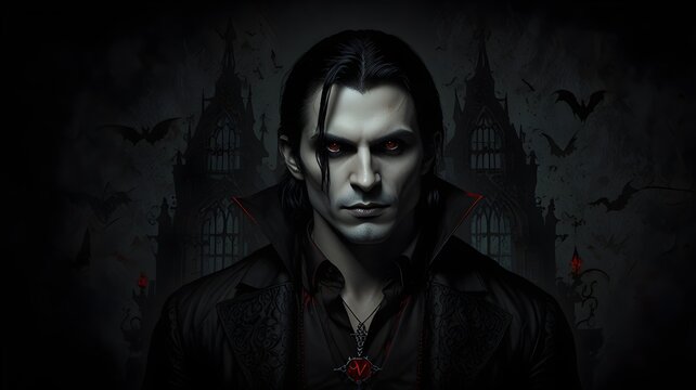 Retrato de un hombre con pelo negro y ojos rojos, de aspecto de vampiro, con una casa embrujada y murci&eacute;lagos de fondo.