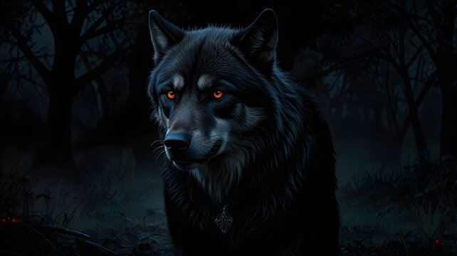Un majestuoso lobo negro con intensos ojos anaranjados y un collar plateado, parado en un bosque oscuro y brumoso.