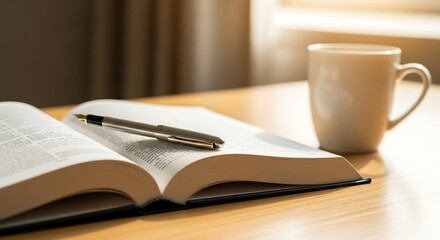 Naklejka premium Neat study desk with open hardcover textbook, silver fountain pen, and ceramic white mug, warm daylight blurred background, lifestyle photography for educational and productivity branding